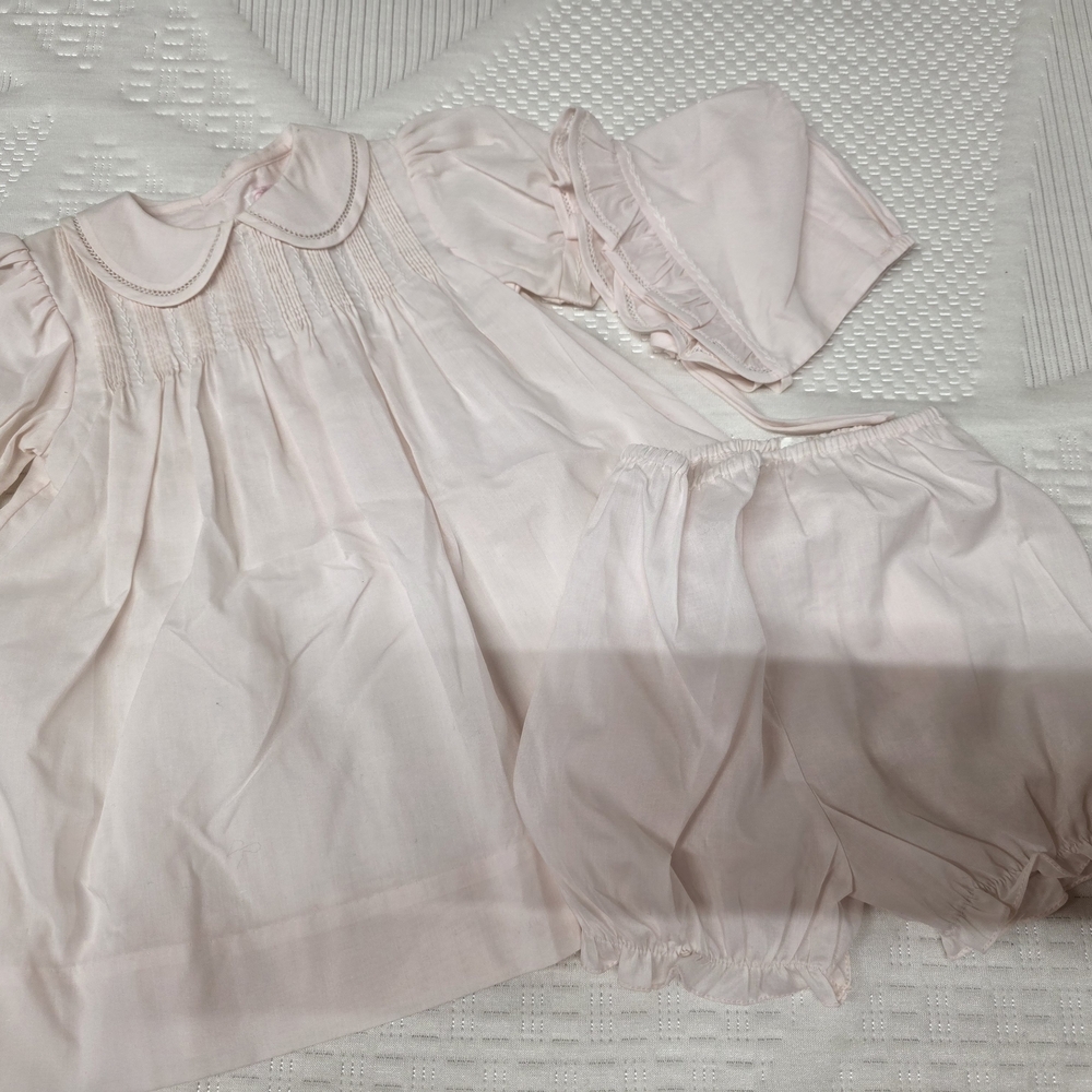 Petit Ami Pale Pink Smocked Dress Set with Bonnet and Bloomers